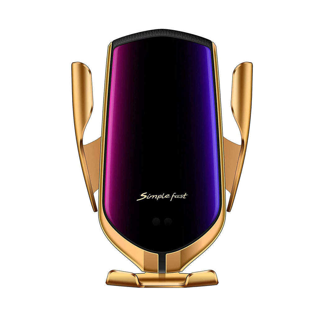 AJSHGD R1 Automatic Clamping 10W Wireless Charger Car Holder Smart Infrared Sensor Qi GPS Air Vent Mount Mobile Phone Bracket Stand (Color : Gold Universal)
